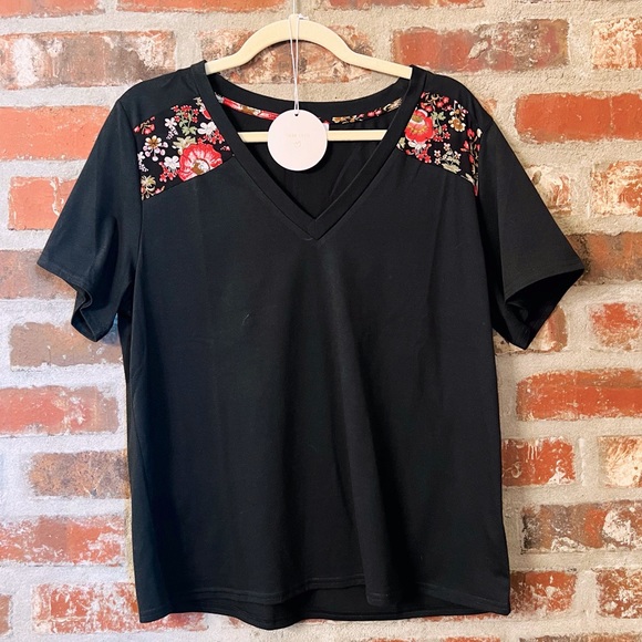 Wild Honey Tops - Wild Honey Short Sleeve Tee with Patterned Shoulder Plackets